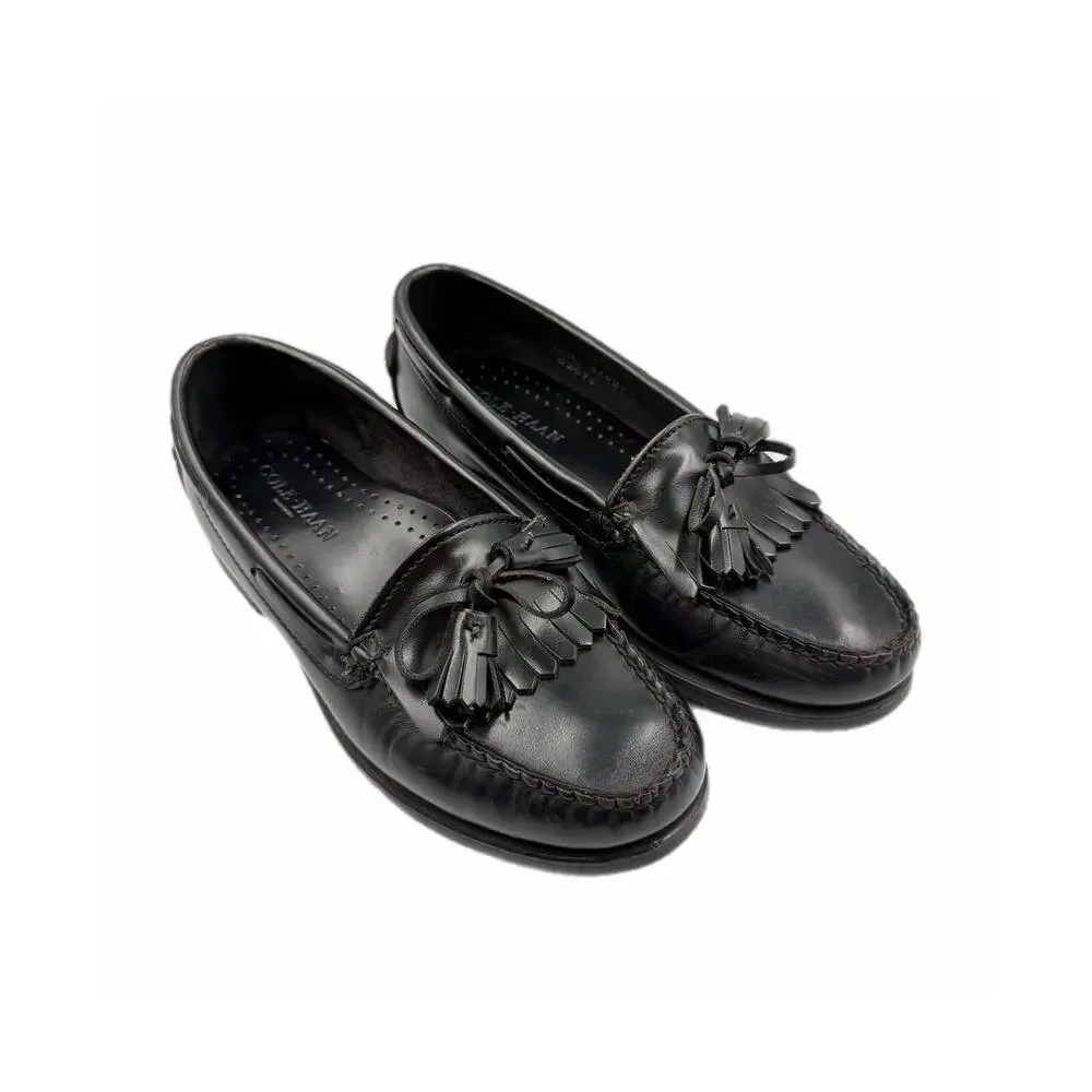 Cole Haan Big Boy's 4.5  Black Leather Pinch Tassel Loafers Formal Dress Shoes